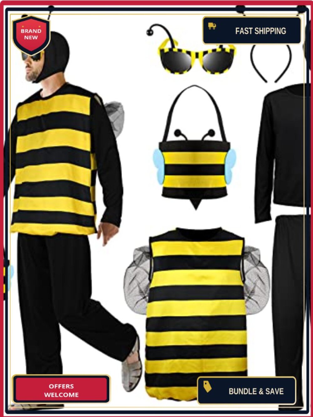 7 Pc Men Bee Costume Kit Striped Wings Headband Halloween Cosplay